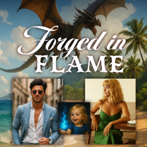 Forged in Flame Promo Graphic with a dragon flying over a beach