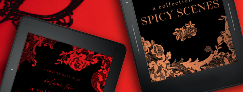 The Spicy Scenes Anthologies on Kindle sit on a red background with a black lace mask